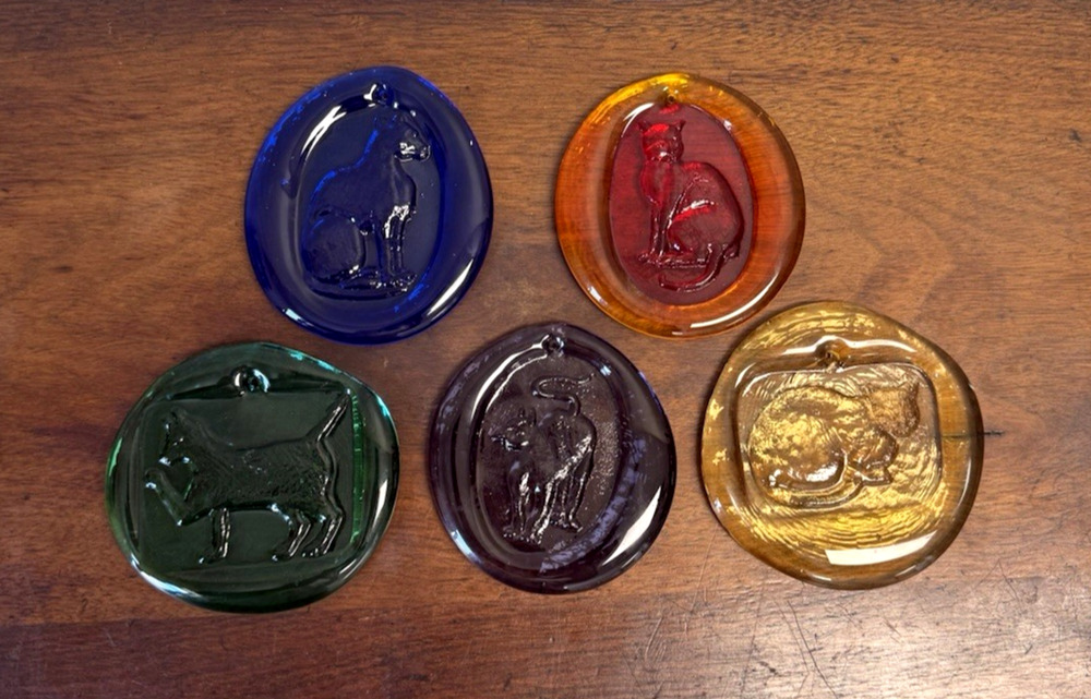 Blenko Glass Cat Suncatchers Set of 5 Colorful Hanging Window Art 3.5" to 4"